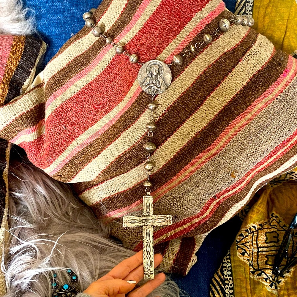 Silver Navajo Pearl Love Tokens Mary Rosary Necklace